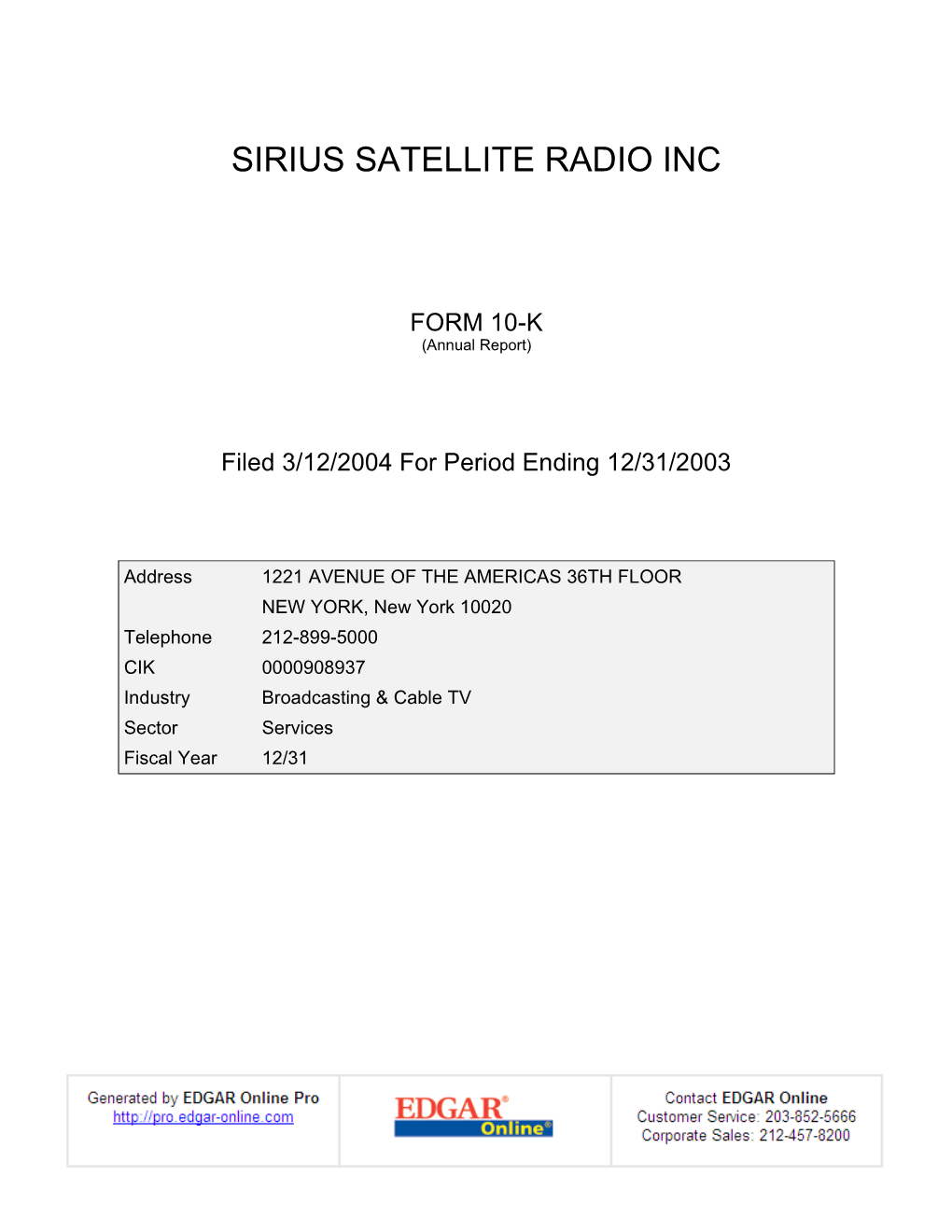 Sirius Satellite Radio Inc