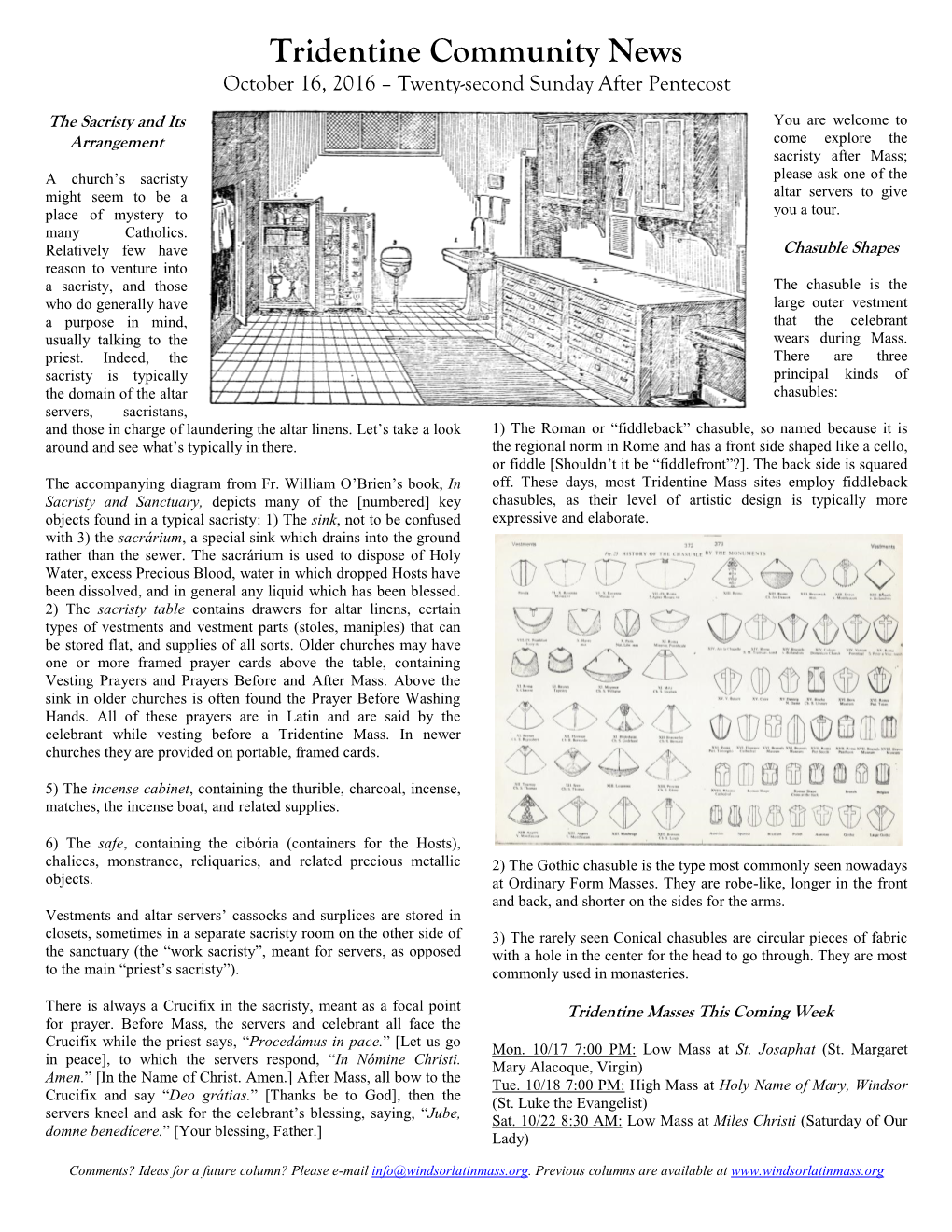 The Sacristy and Its Arrangement; Chasuble Shapes