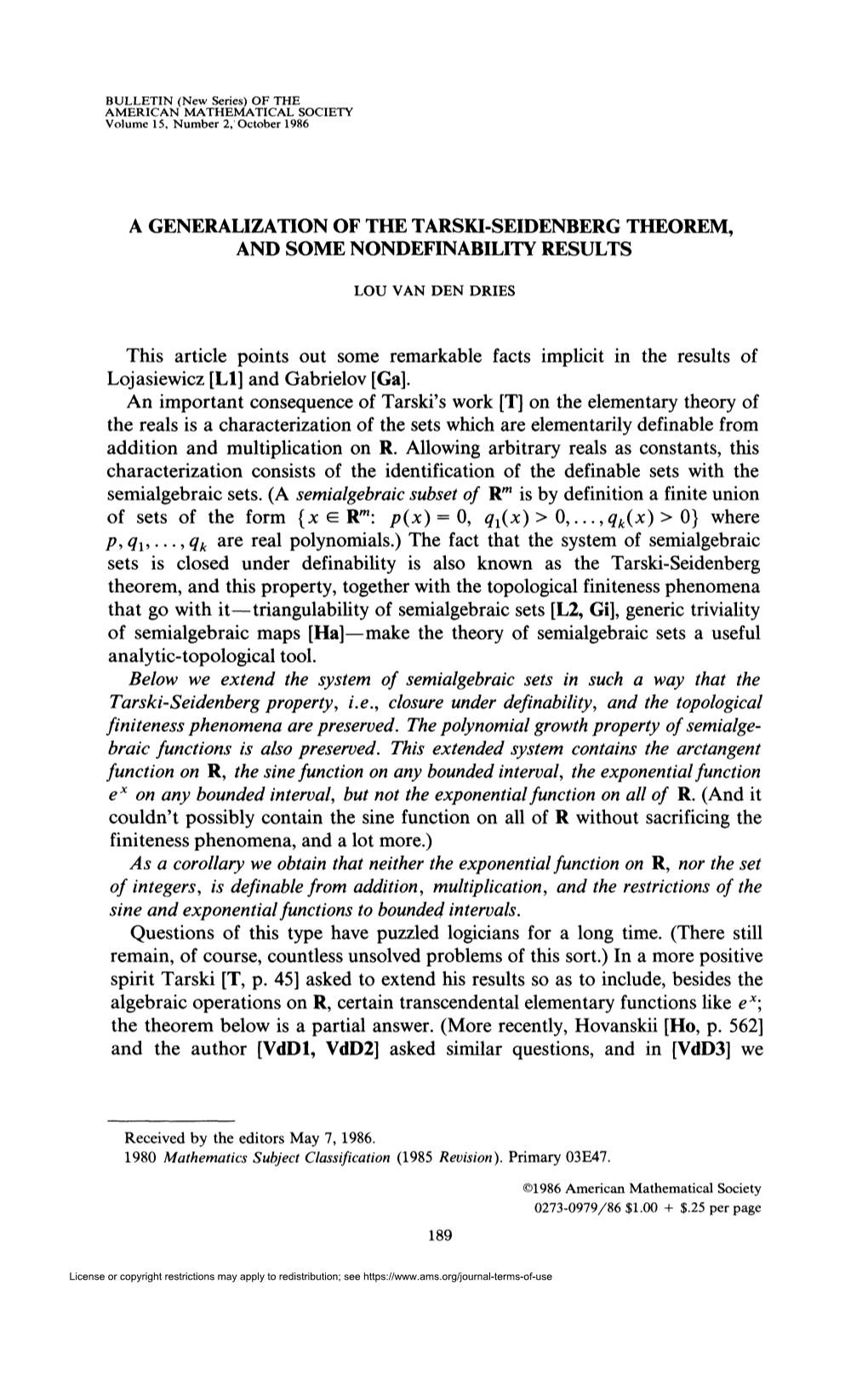 A Generalization of the Tarski-Seidenberg Theorem, and Some Nondefinability Results