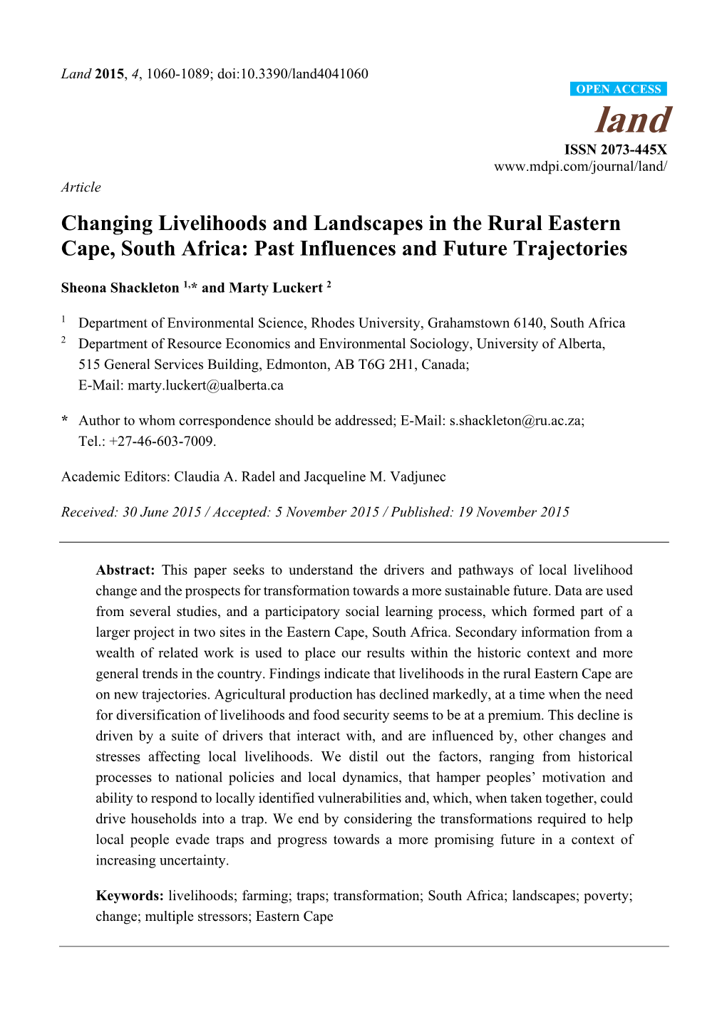 Changing Livelihoods and Landscapes in the Rural Eastern Cape, South Africa: Past Influences and Future Trajectories