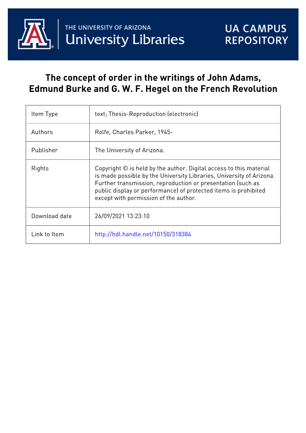 The Concept of Order in the Writings of John Adams, Edmund Burke and G