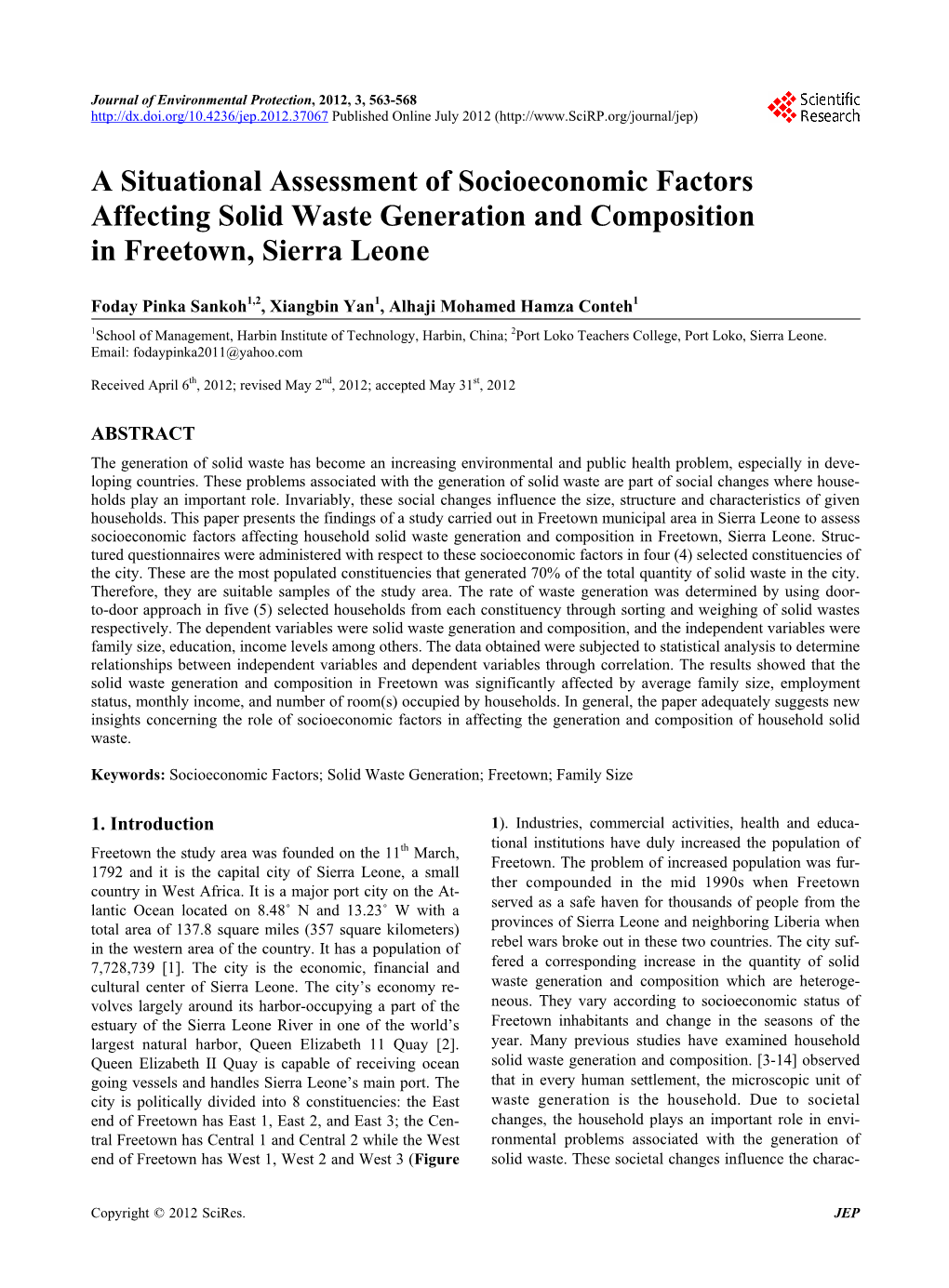 A Situational Assessment of Socioeconomic Factors Affecting Solid Waste Generation and Composition in Freetown, Sierra Leone