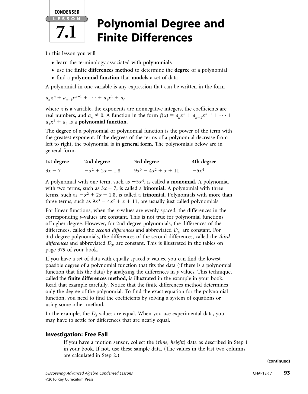 Polynomial Degree and Finite Differences (Continued)