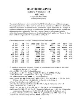 MASTER DRAWINGS Index to Volumes 1–54 1963–2016 Compiled by Maria Oldal Oldalm@Themorgan.Org