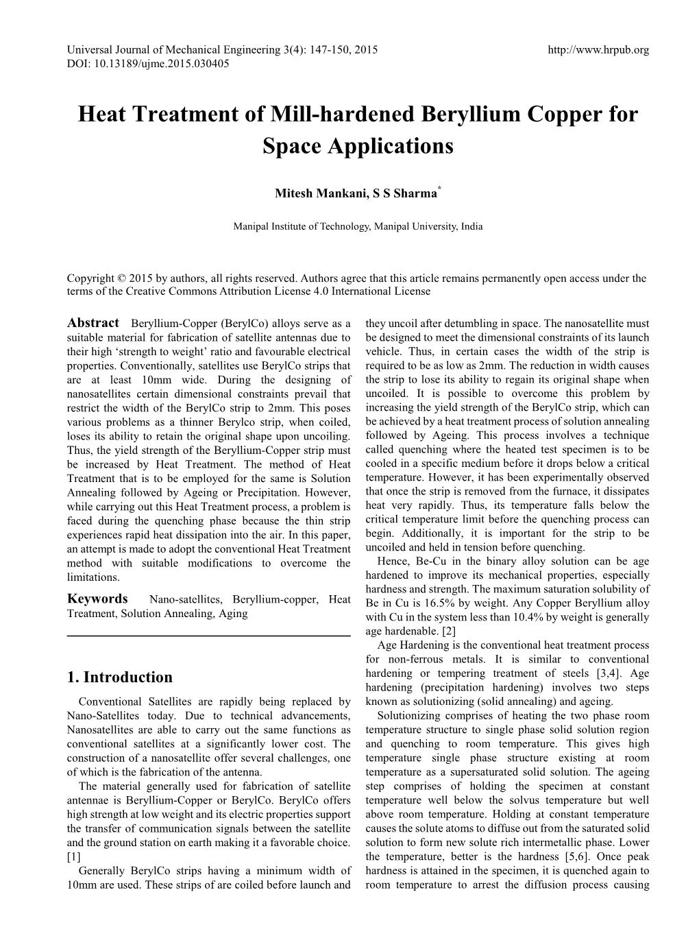 Heat Treatment of Mill-Hardened Beryllium Copper for Space Applications