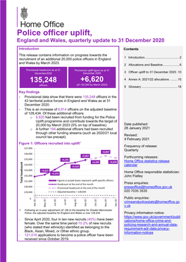 Police Officer Uplift, England and Wales, Quarterly Update to 31 December 2020