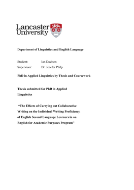 Ian Davison Supervisor: Dr. Jenefer Philp Phd in Applied Linguistics By