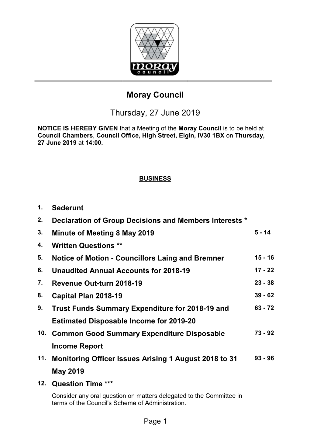 Moray Council Thursday, 27 June 2019