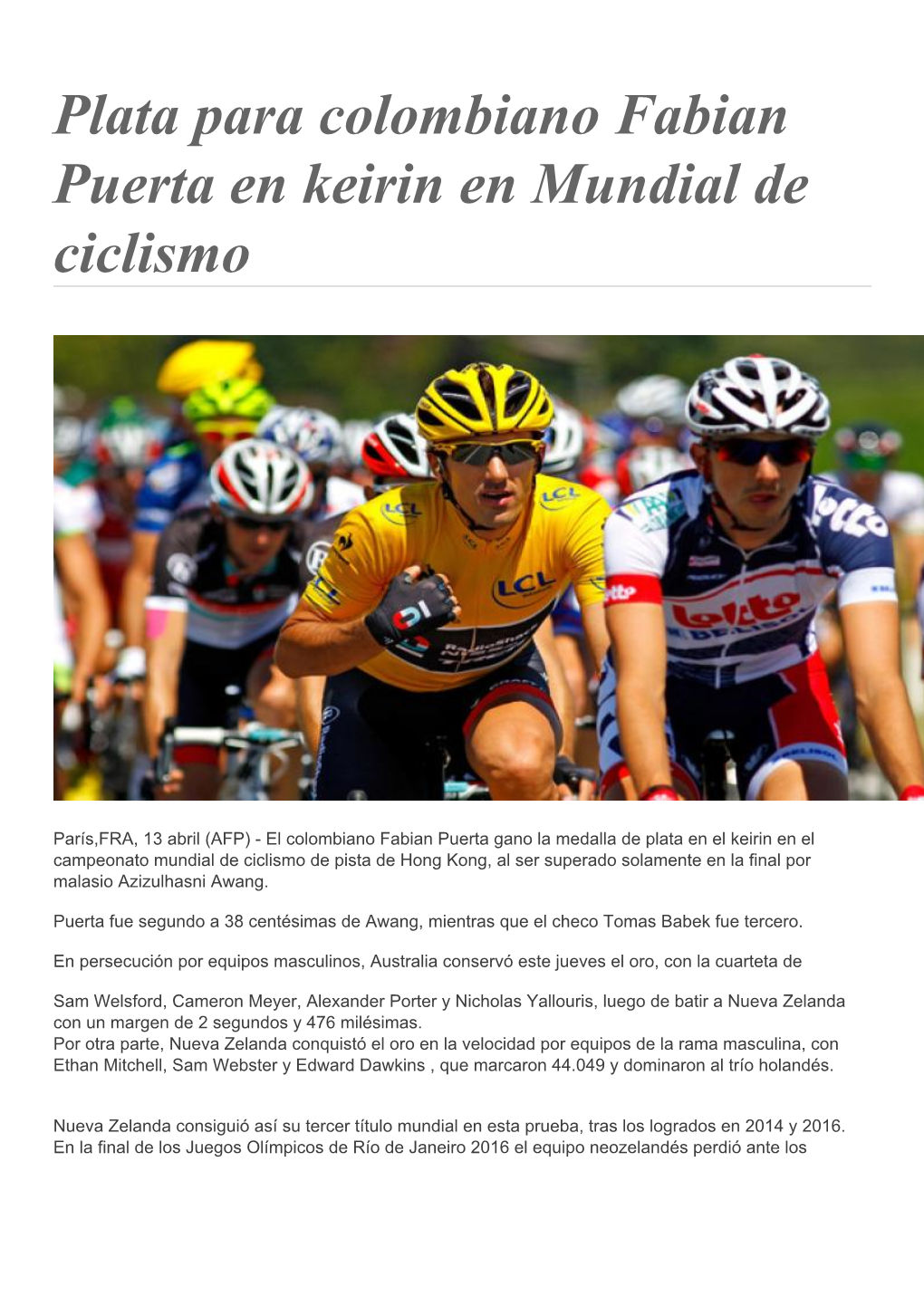 Plata Para Colombiano Fabian Puerta En Keirin En Mundial De Ciclismo