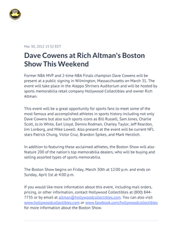 Dave Cowens at Rich Altman's Boston Show This Weekend