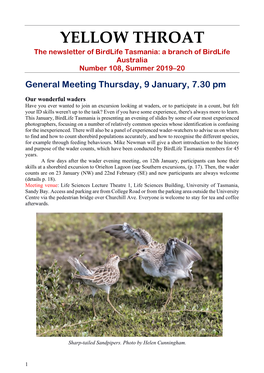 YELLOW THROAT the Newsletter of Birdlife Tasmania: a Branch of Birdlife Australia Number 108, Summer 2019–20 General Meeting Thursday, 9 January, 7.30 Pm