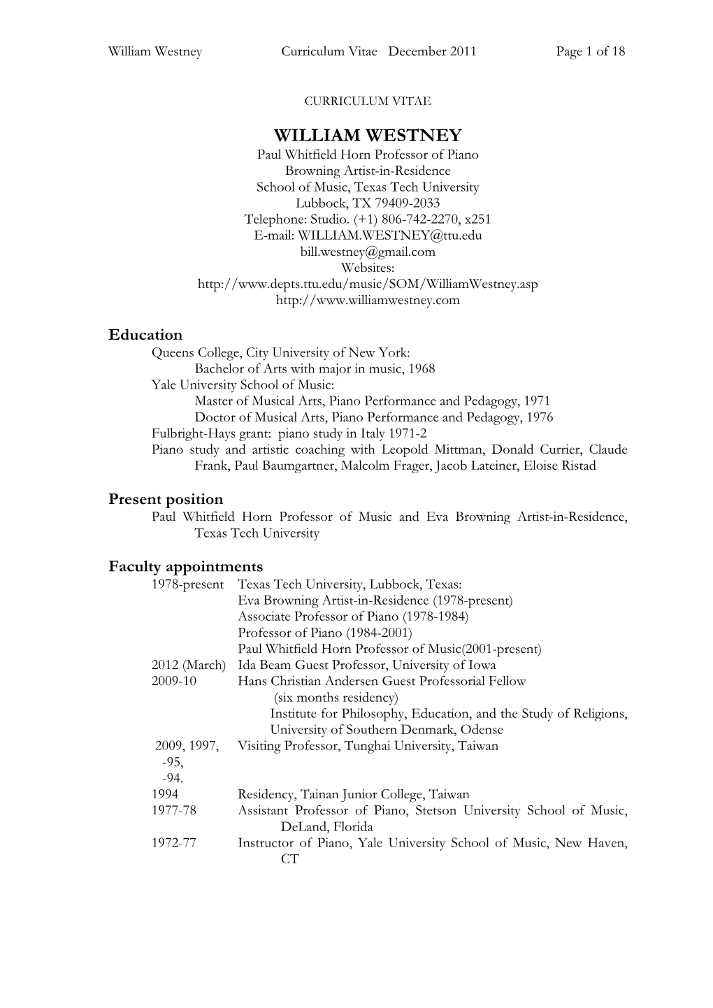 William Westney Curriculum Vitae December 2011 Page 1 of 18