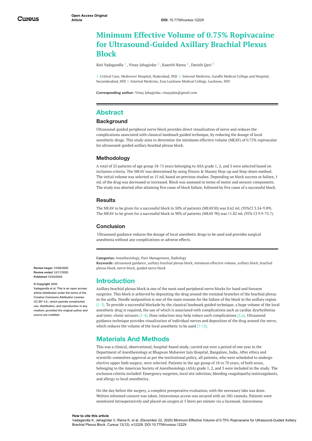 Minimum Effective Volume of 0.75% Ropivacaine for Ultrasound-Guided Axillary Brachial Plexus Block