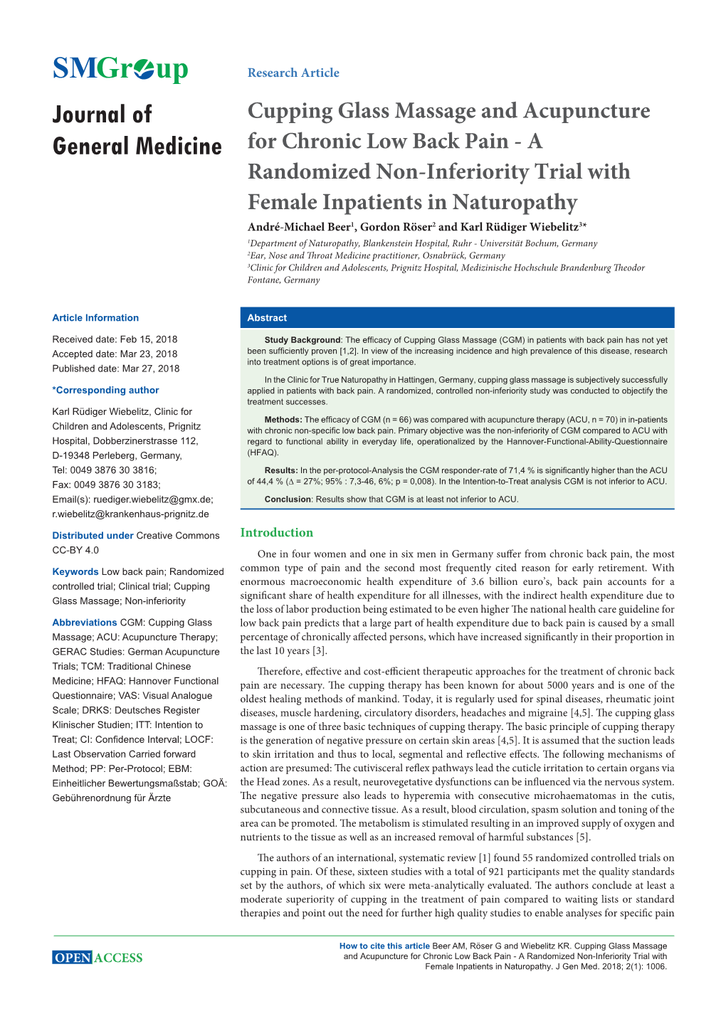 Cupping Glass Massage and Acupuncture for Chronic Low Back Pain - a Randomized Non-Inferiority Trial with Female Inpatients in Naturopathy