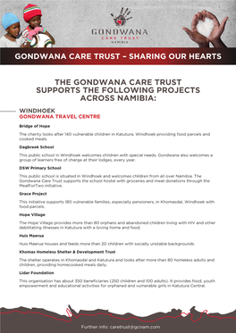 The Gondwana Care Trust Supports the Following Projects Across Namibia: Windhoek Gondwana Travel Centre