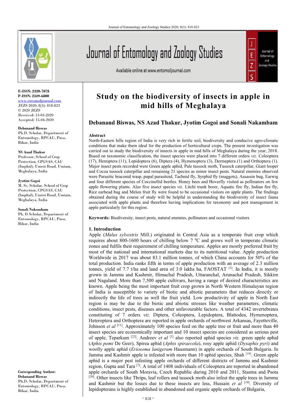 Study on the Biodiversity of Insects in Apple in Mid Hills of Meghalaya