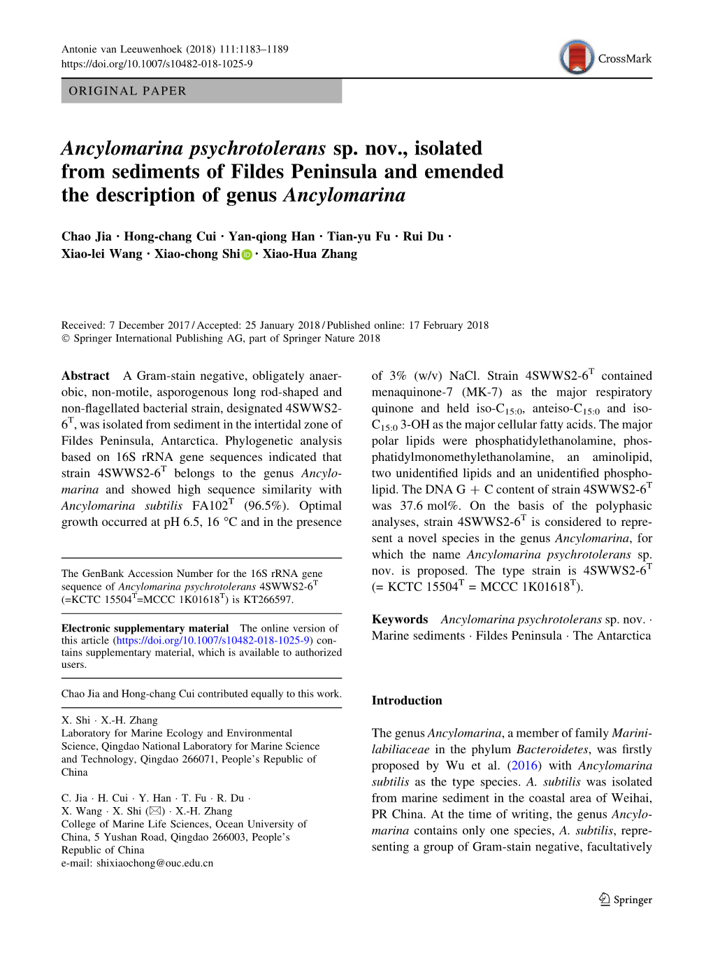 Ancylomarina Psychrotolerans Sp. Nov., Isolated from Sediments of Fildes Peninsula and Emended the Description of Genus Ancylomarina