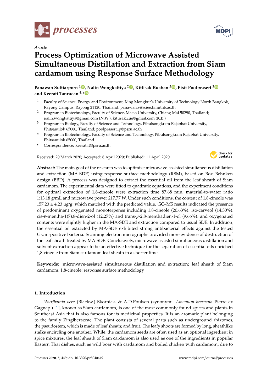 Process Optimization of Microwave Assisted Simultaneous Distillation and Extraction from Siam Cardamom Using Response Surface Methodology