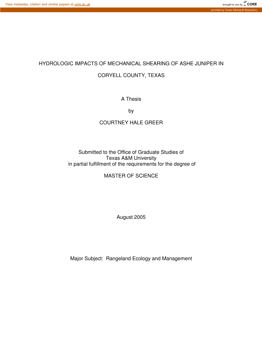 Hydrologic Impacts of Mechanical Shearing of Ashe Juniper In