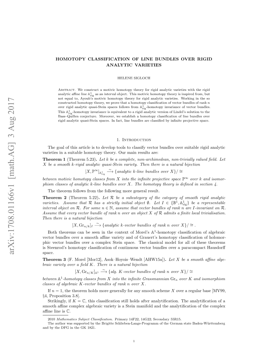 Homotopy Classification of Line Bundles Over Rigid Analytic Varieties 3