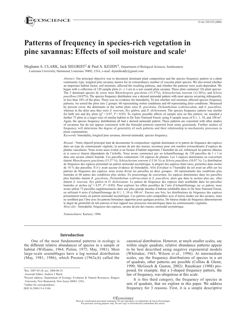 Patterns of Frequency in Species-Rich Vegetation in Pine Savannas: Effects of Soil Moisture and Scale1