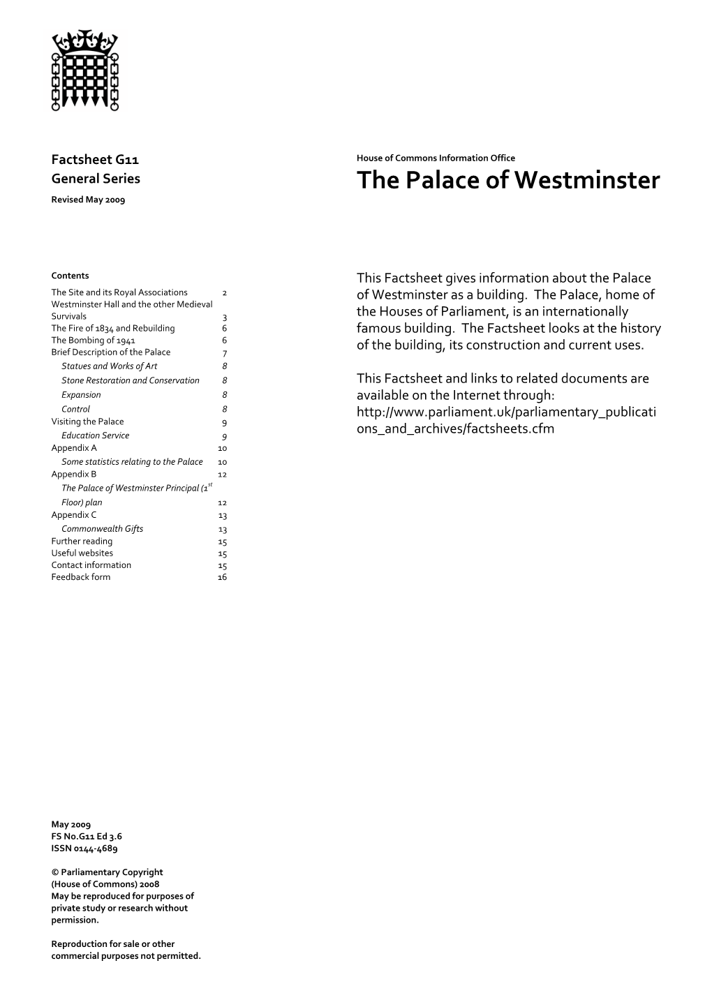The Palace of Westminster Revised May 2009