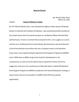 Shoaib Sultan Khan March 25, 2019 Subject: Award of Nishan-E-Imtiaz