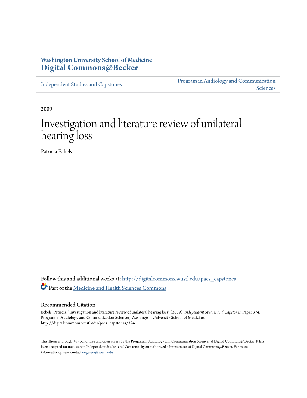 Investigation and Literature Review of Unilateral Hearing Loss Patricia Eckels