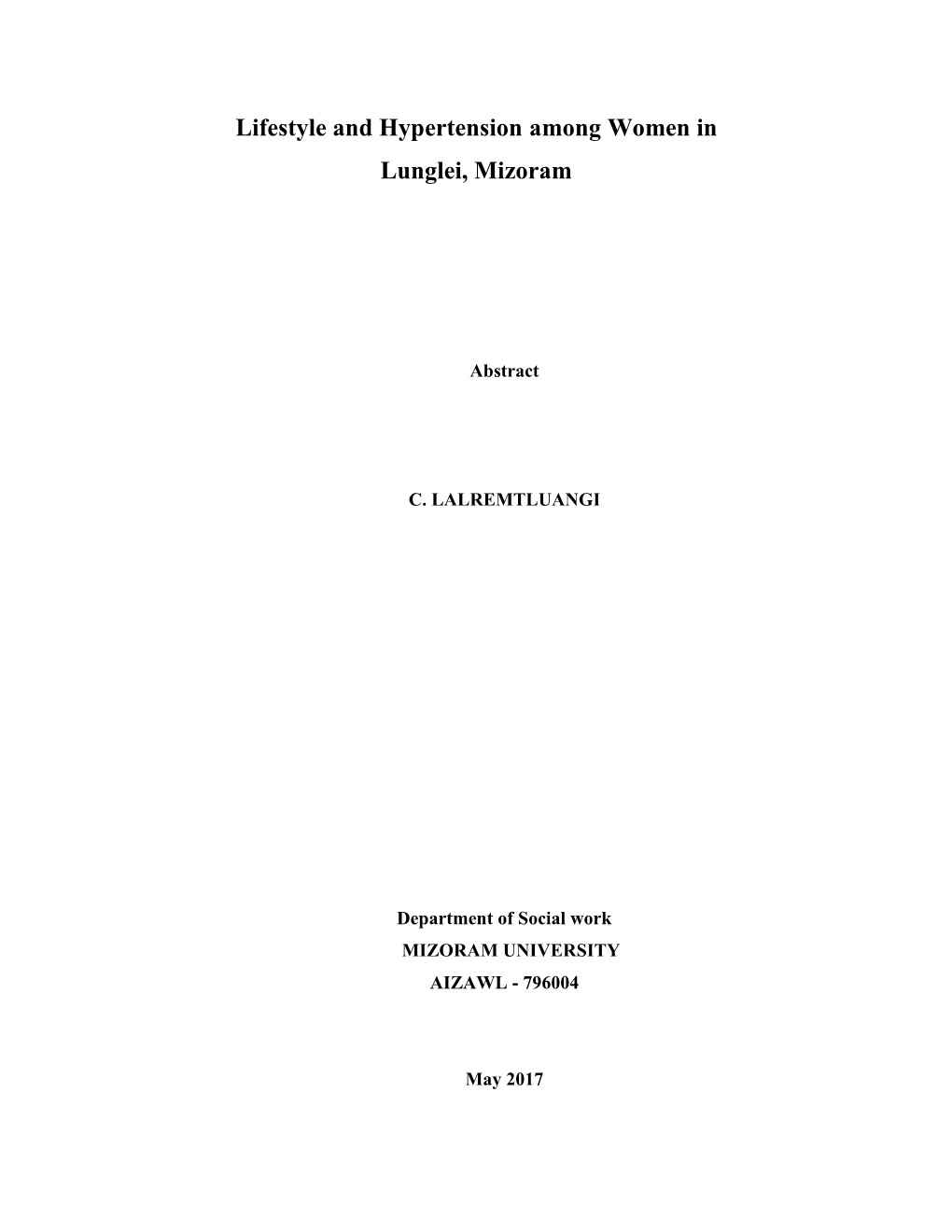 Lifestyle and Hypertension Among Women in Lunglei, Mizoram