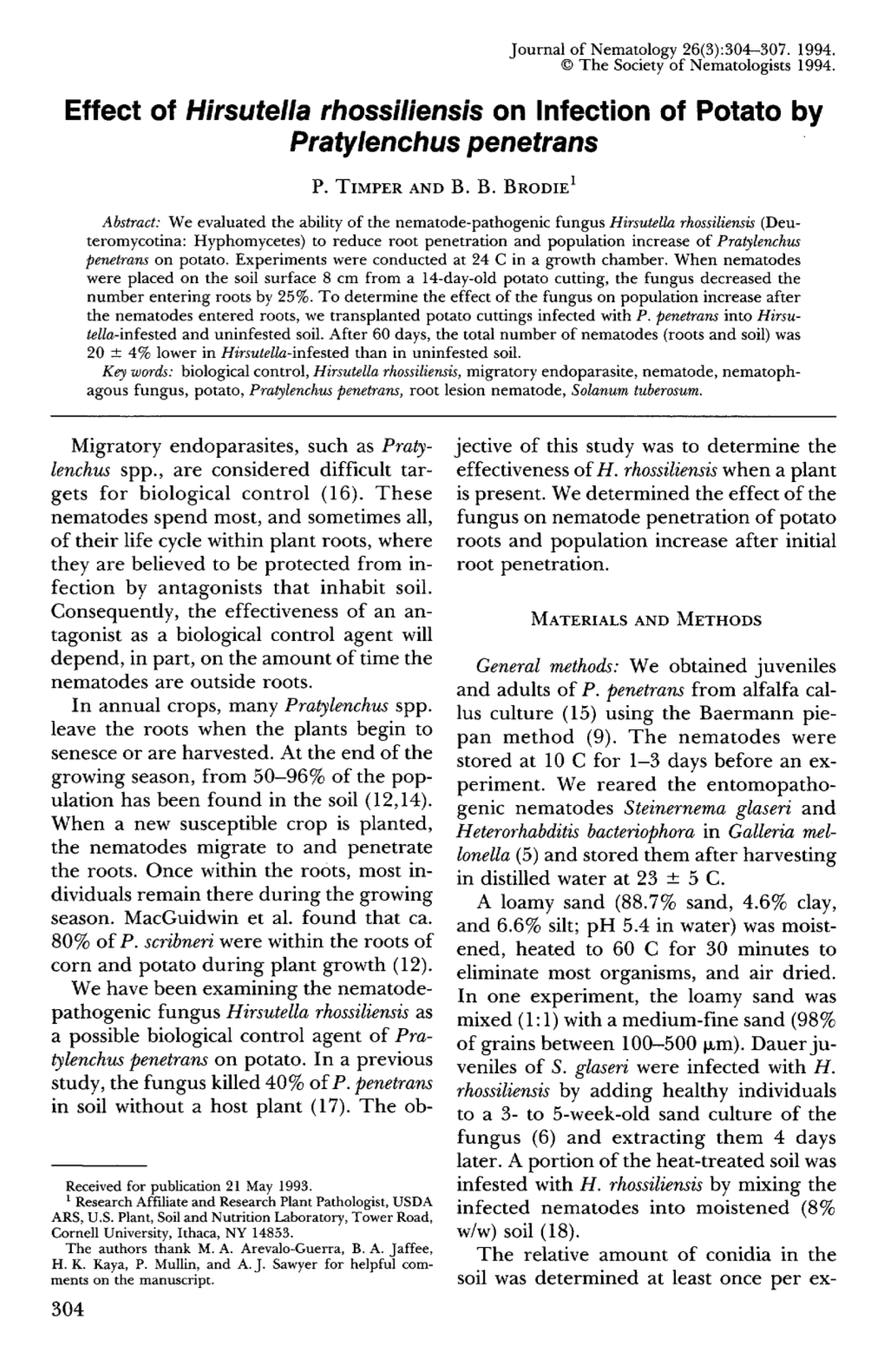 Effect of Hirsutella Rhossiliensis on Infection of Potato by Pratylenchus Penetrans