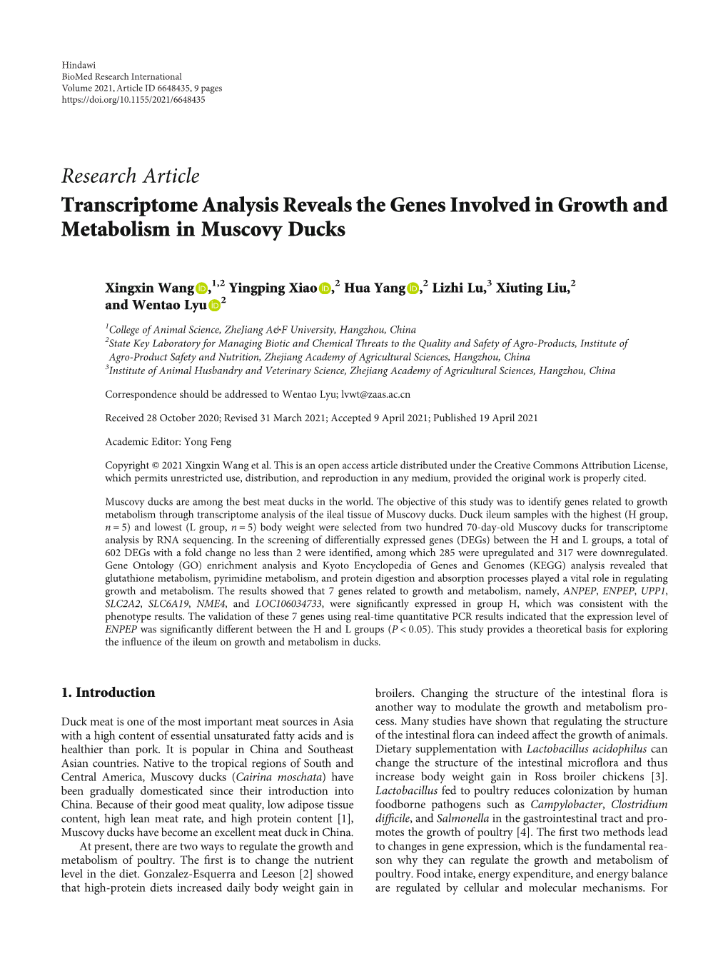 Research Article Transcriptome Analysis Reveals the Genes Involved in Growth and Metabolism in Muscovy Ducks