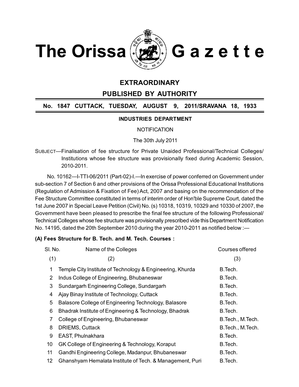 The Orissa G a Z E T T E