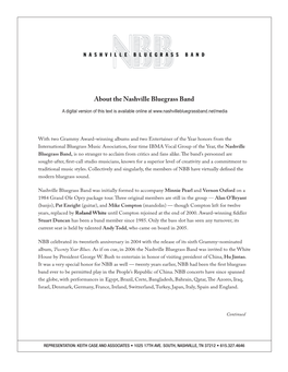 About the Nashville Bluegrass Band a Digital Version of This Text Is Available Online At
