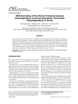 DNA Barcoding of the Marine Protected Species Chasmagnathus Convexus (Decapoda: Varunidae: Chasmagnathus) in Korea
