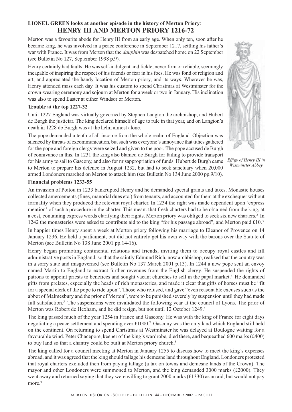 HENRY III and MERTON PRIORY 1216-72 Merton Was a Favourite Abode for Henry III from an Early Age