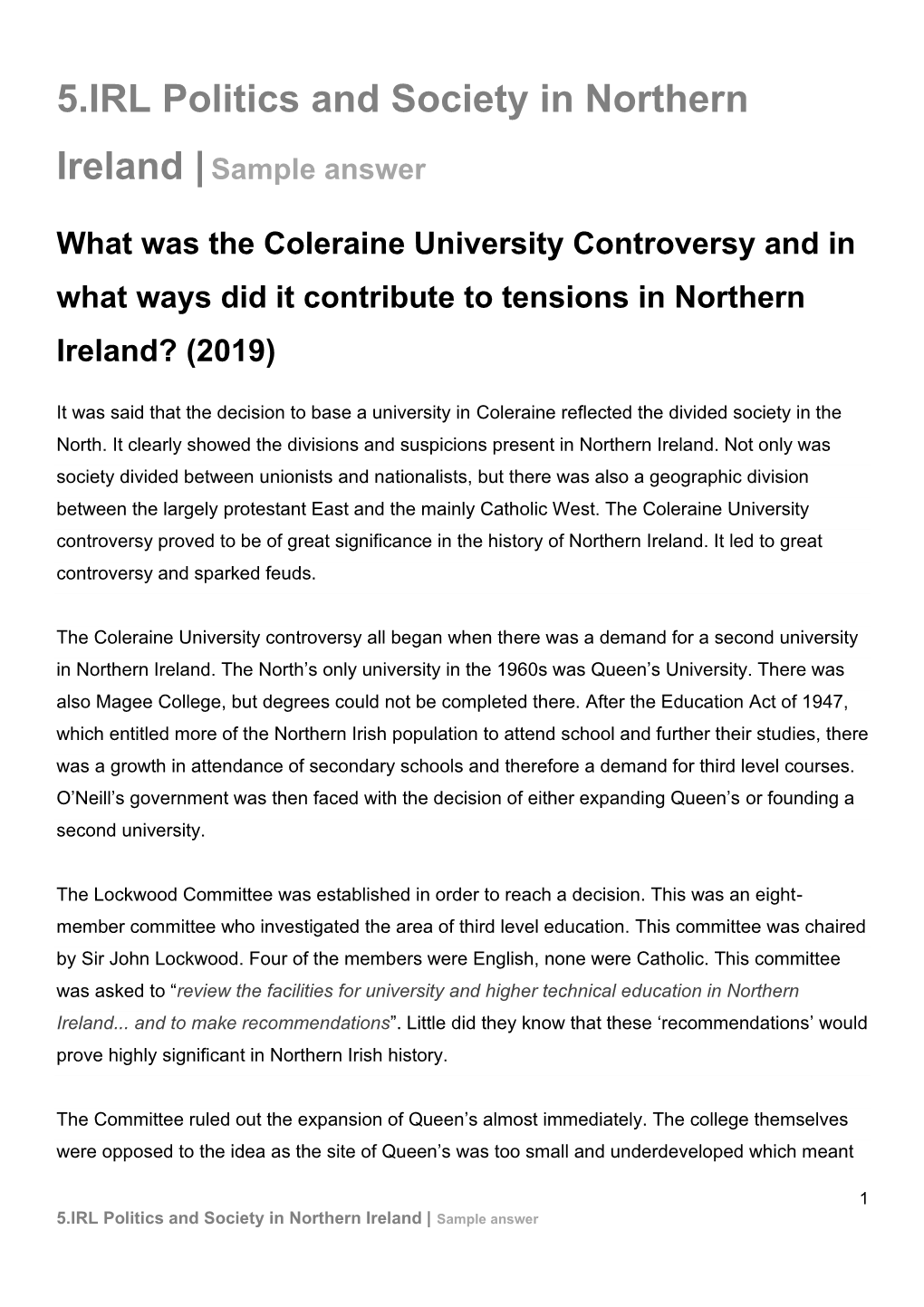 5.IRL Politics and Society in Northern Ireland | Sample Answer the Establishment Would Prove Far Too Expensive