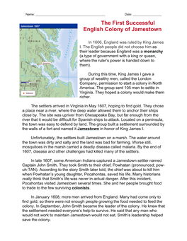 The First Successful English Colony of Jamestown
