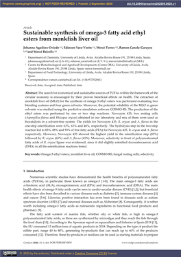 Sustainable Synthesis of Omega-3 Fatty Acid Ethyl Esters from Monkfish Liver Oil