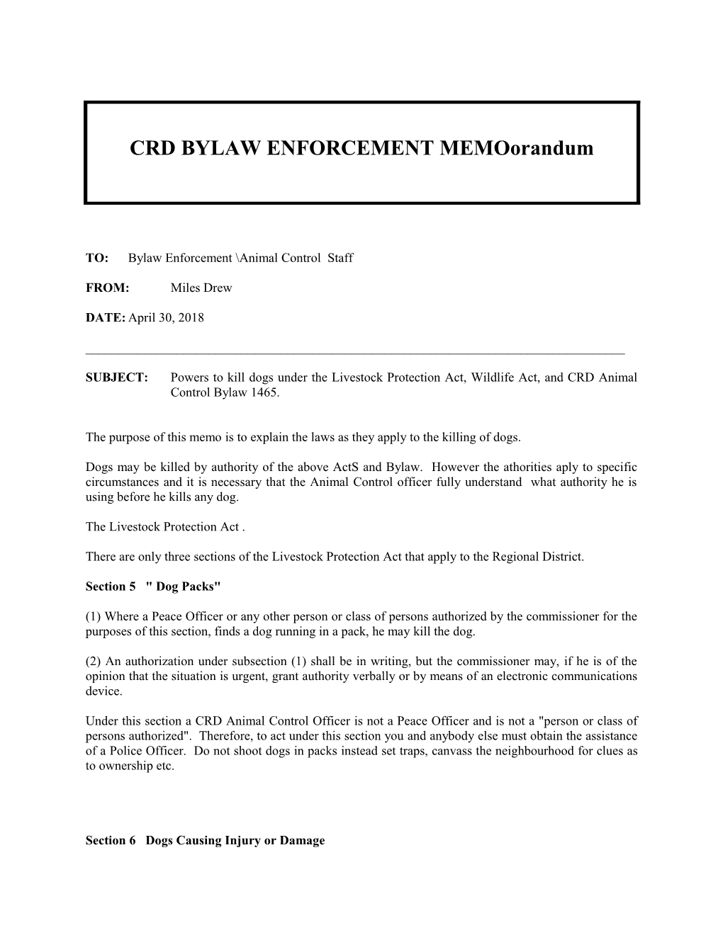 CRD BYLAW ENFORCEMENT Memoorandum