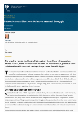 Secret Hamas Elections Point to Internal Struggle by Ehud Yaari