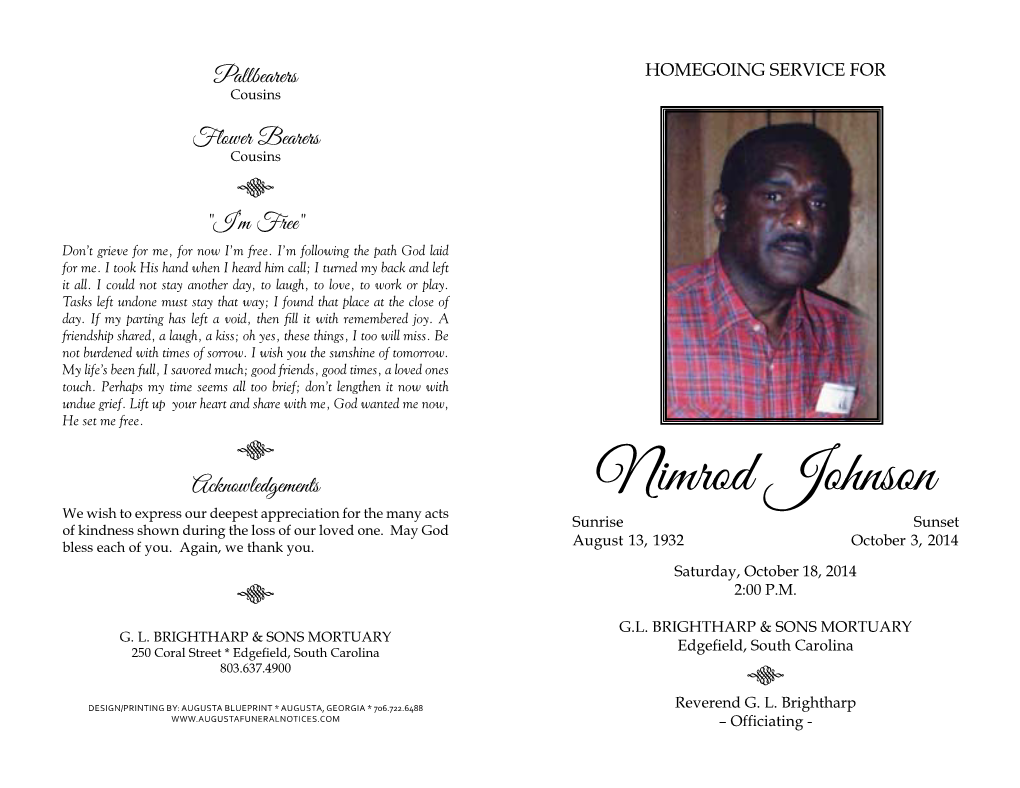 Nimrod Johnson We Wish to Express Our Deepest Appreciation for the Many Acts Sunrise Sunset of Kindness Shown During the Loss of Our Loved One