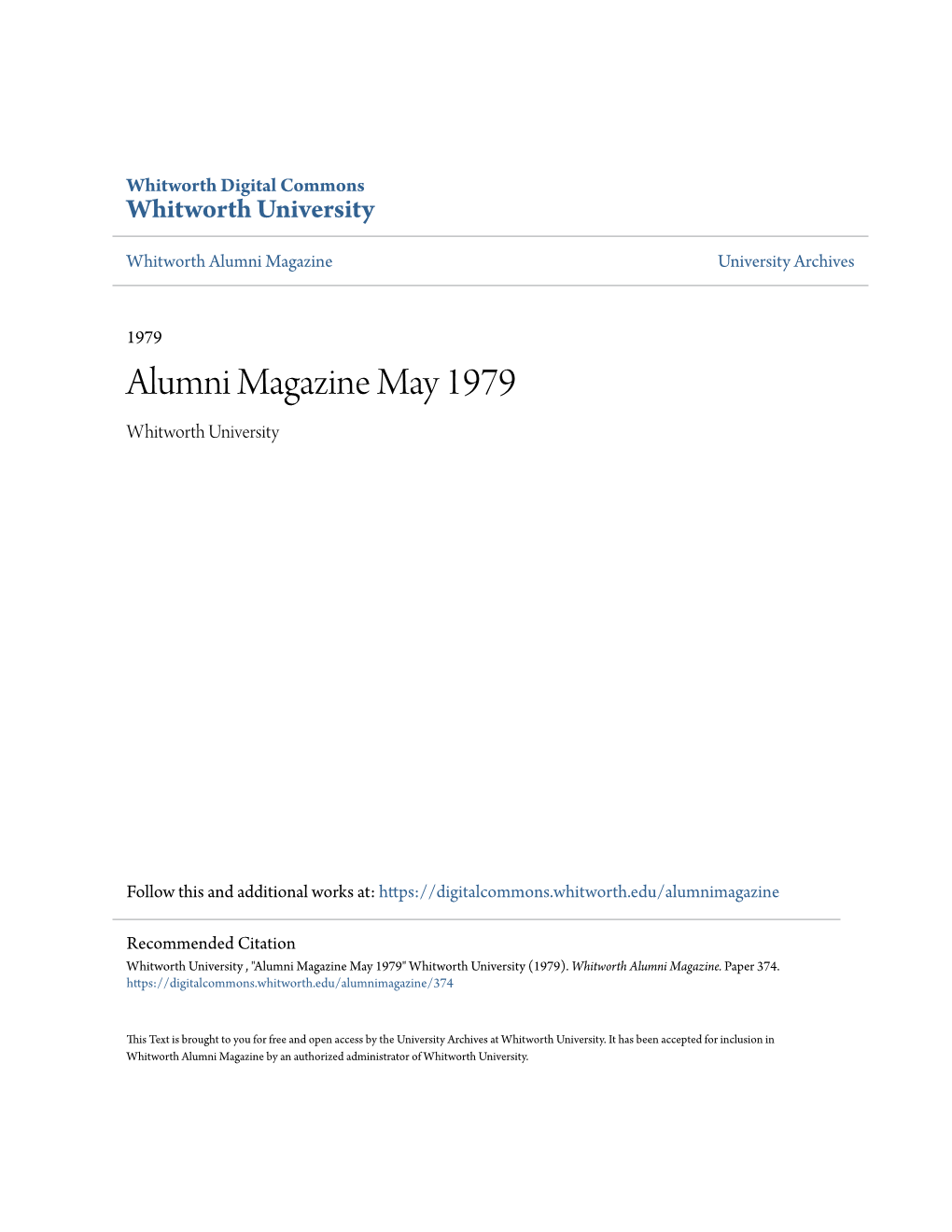 Alumni Magazine May 1979 Whitworth University