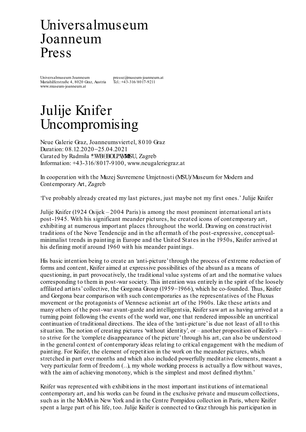 Universalmuseum Joanneum Press Julije Knifer Uncompromising