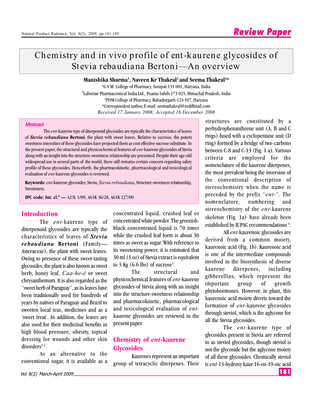 Review Paper Chemistry and in Vivo Profile of Ent-Kaurene Glycosides Of