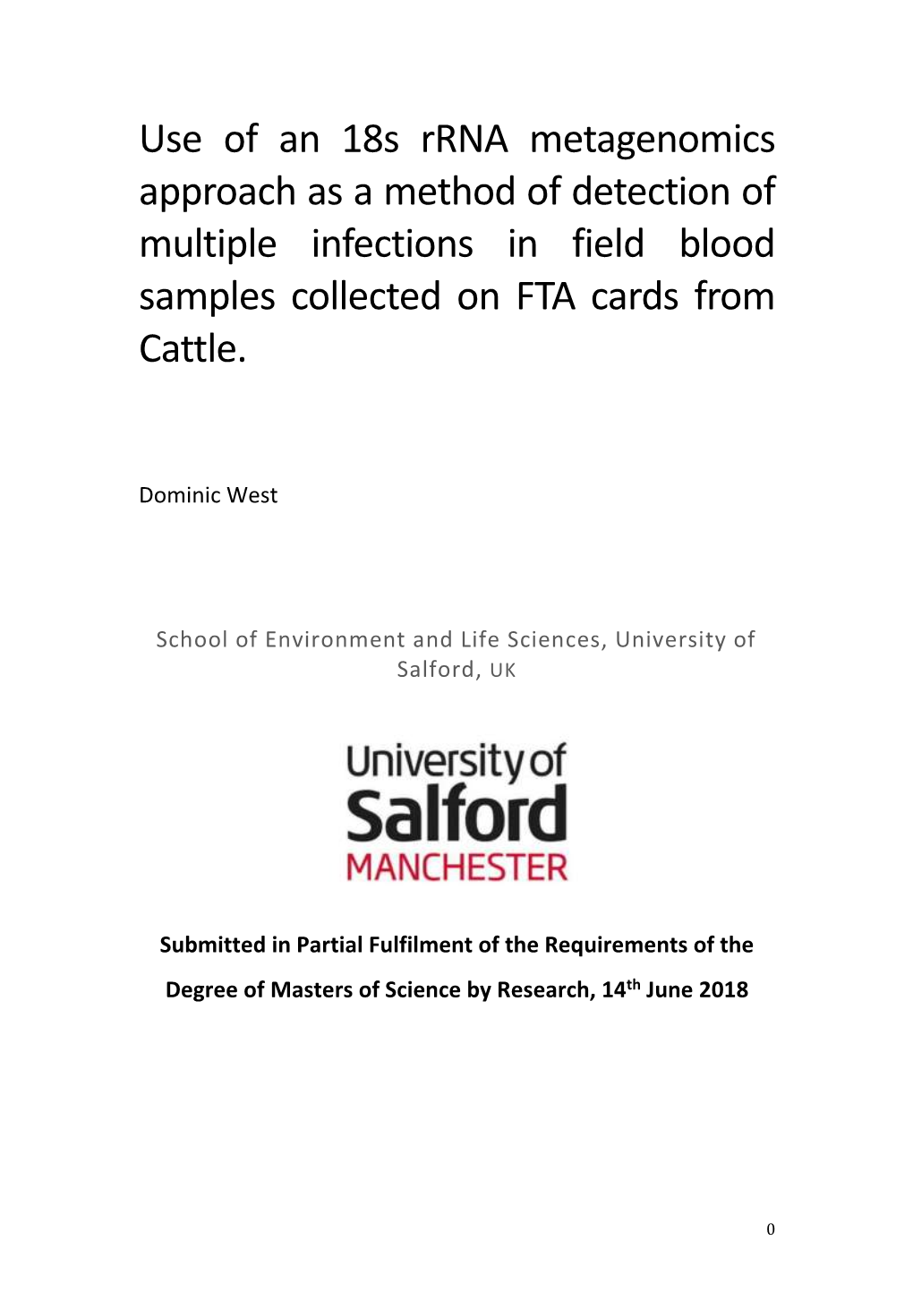 Use of an 18S Rrna Metagenomics Approach As a Method of Detection of Multiple Infections in Field Blood Samples Collected on FTA Cards from Cattle