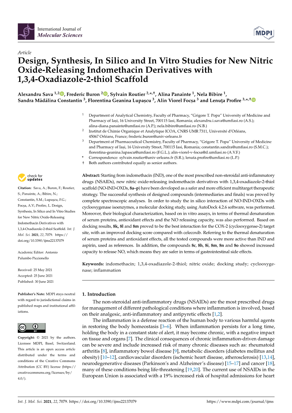 Design, Synthesis, in Silico and in Vitro Studies for New Nitric Oxide-Releasing Indomethacin Derivatives with 1,3,4-Oxadiazole-2-Thiol Scaffold