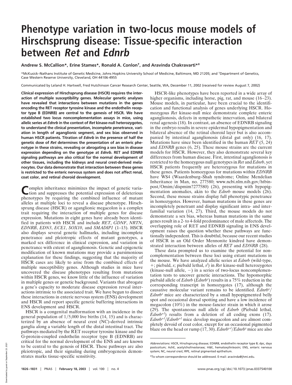 Tissue-Specific Interaction Between Ret and Ednrb