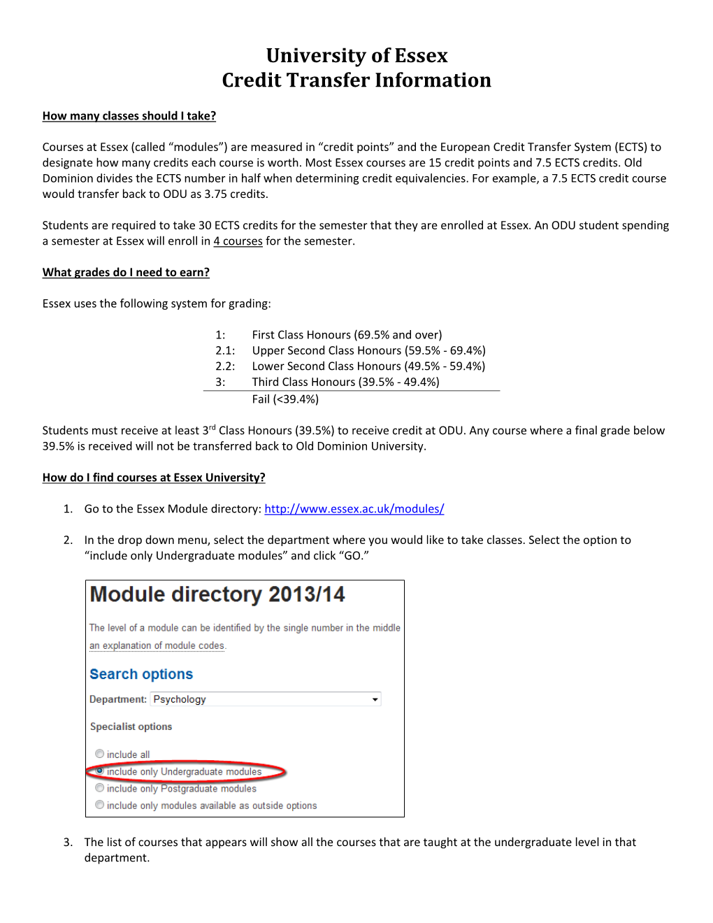 University of Essex Credit Transfer Information