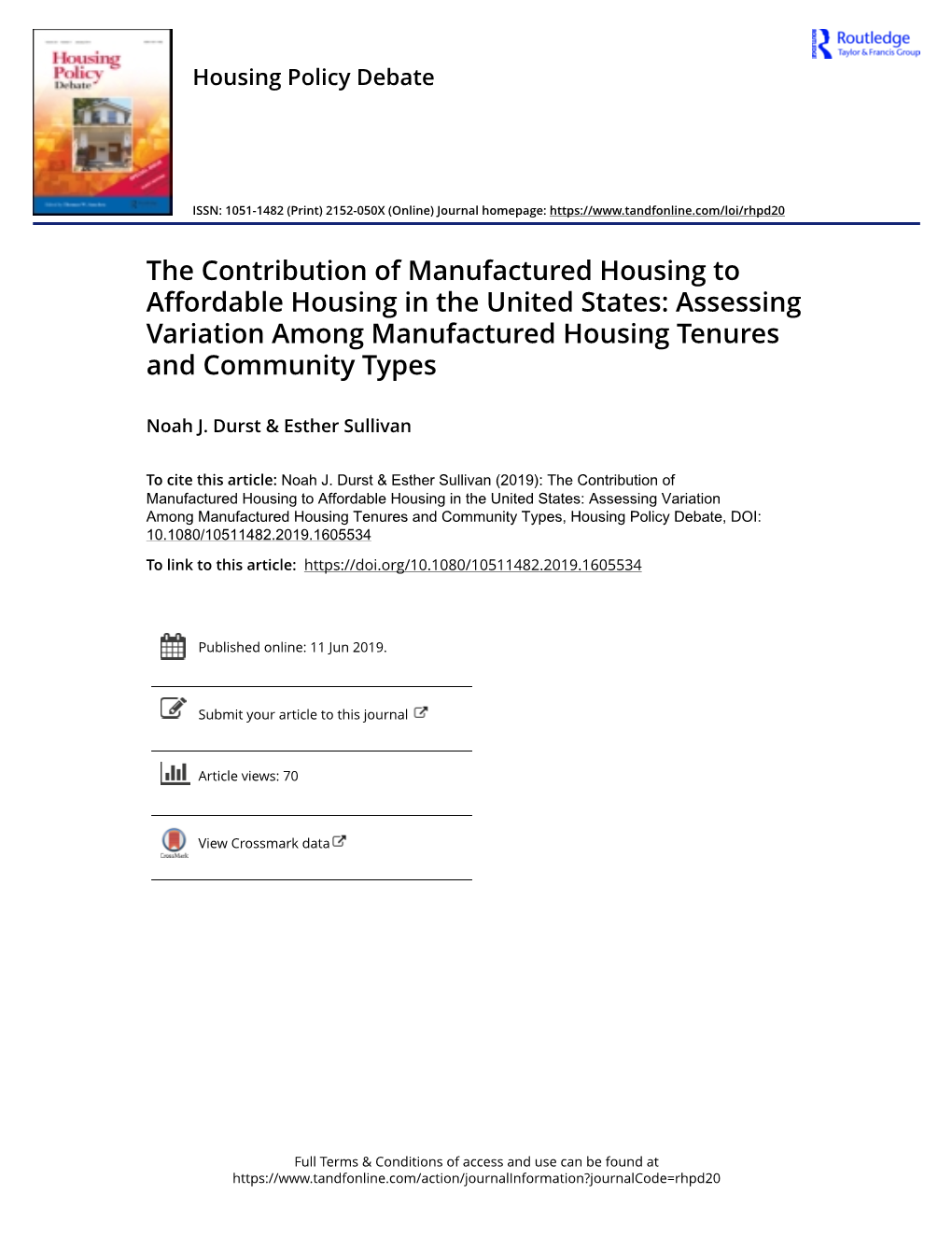 The Contribution of Manufactured Housing to Affordable Housing in the United States: Assessing Variation Among Manufactured Housing Tenures and Community Types