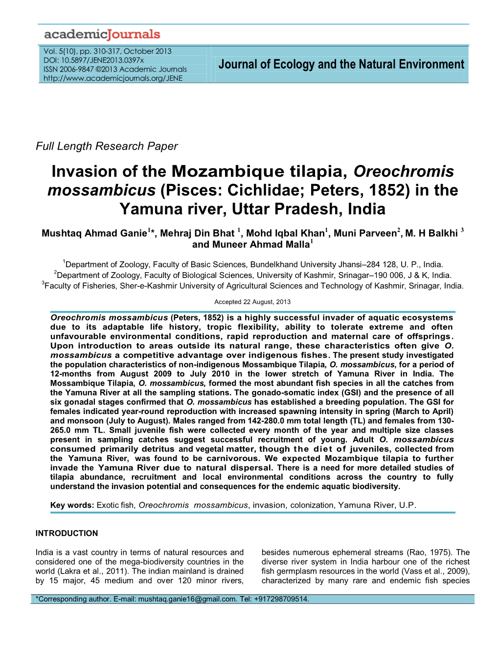 Invasion of the Mozambique Tilapia, Oreochromis Mossambicus (Pisces: Cichlidae; Peters, 1852) in the Yamuna River, Uttar Pradesh, India